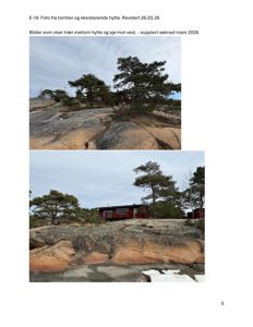 Fotografier av en tomt med eksisterende hytte og trær, inkludert tekster om at bildene er fra søknadsmaterialet.