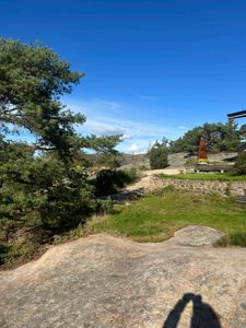 Fotografi av en utendørs scene med trær, grusvei og en steinmur.