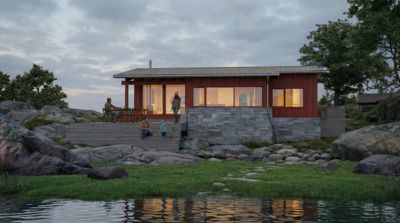 3D-visualisering av en planlagt hytte ved vannet med mennesker og natur.