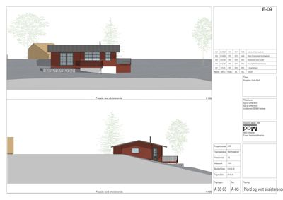 Fasadetegning som viser bygningens utseende fra vest og nord.