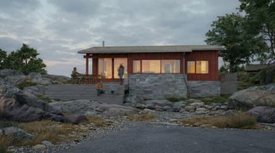 3D-visualisering av en planlagt hytte sett fra utsiden, med detaljerte materialer, lys og omgivende natur.