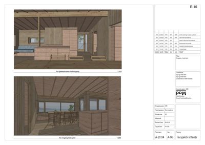Perspektivtegning (rendering) av interiøret i en hytte, med utsikt mot sjøen.
