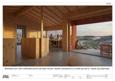 3D-visualisering (rendering) av et interiør i en hytte med utsikt over kystlandskap.