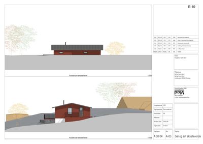 Fasadetegning som viser bygningens utseende fra øst og sør, inkludert eksisterende tilstand og planlagt endring.