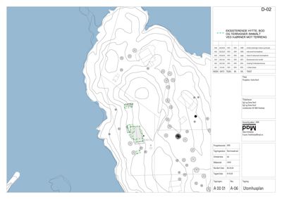 Situasjonsplan som viser eksisterende hytte, bodd og terrasser innmålt ved hørner mot terreng, med topografi og beplantning.