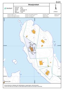 Situasjonskart (D-01) som viser eiendomsnummer, adresse, nabolag og topografi.