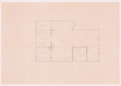 En håndtegnet etasjeplan som viser romfordeling med stue, soverom og kjøkken.