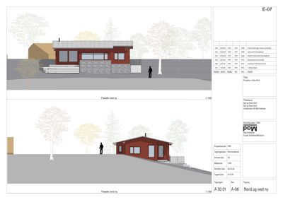 Fasadetegning som viser bygningens utseende fra nord og vest med omgivelsene.