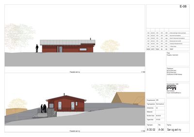 Fasadetegning som viser bygningens utseende fra øst og sør med oppriss av tak, vinduer og terrengforhold.