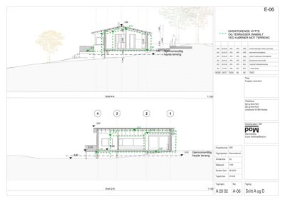 Snittegning (Snitt A-A og D-D) av en eksisterende hytte som viser høyder, terrassering og innvendig oppriss.