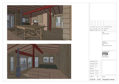 3D-perspektivtegning (rendering) av et interiør med møbler og innredning.