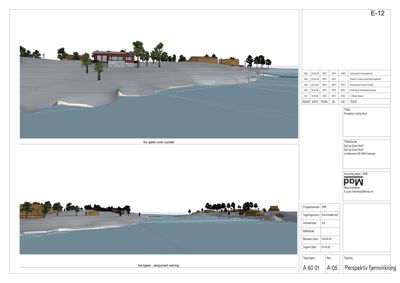 3D-visualisering (perspektiv) av et bygningssituasjon med omgivende terreng og vann, vist fra to ulike høyder.