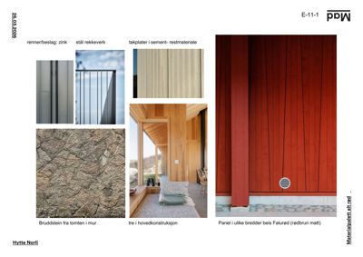 Et sammensatt bilde (collage) som viser ulike materialvalg og detaljer for en bygning, inkludert fasadeelementer, innvendig trekonstruksjon og steinmur.