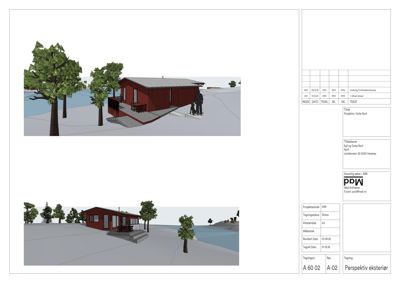 3D-perspektivtegning (rendering) av en hytte med omgivelser, inkludert trær og vann.