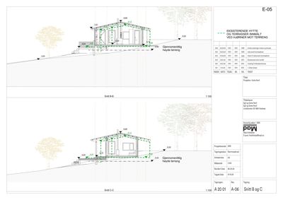 Snittegning (Snitt B-B og C-C) av en hytte som viser høydemål, terrassering og innvendig oppdeling.