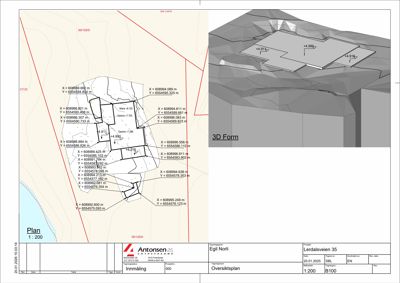 Oversiktsplan (situasjonsplan) som viser tomtens form, grenser og koordinater.