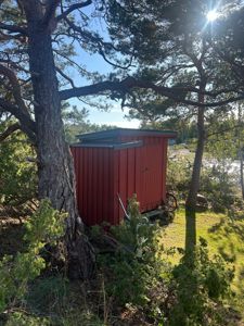 Fotografi av en rød skur eller liten uthus plassert mellom trær i et naturområde.