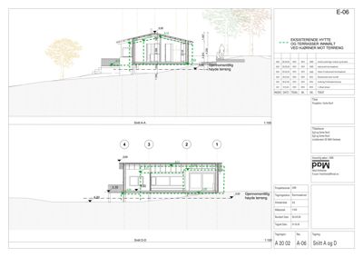 Snittegning (Snitt A-A og D-D) av en eksisterende hytte som viser høyder, terrassering og innvendig oppriss.