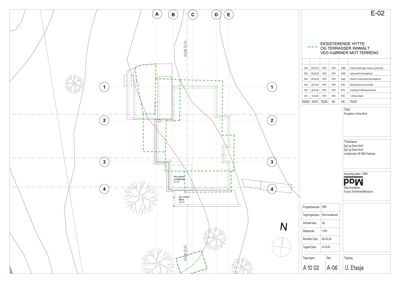 Situasjonsplan som viser eksisterende hytte og terrasser innmålt mot terrenget, med angivelse av skråninger, stier og vegetasjon.
