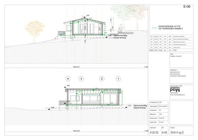 Snittegning (Snitt A-A og D-D) av en eksisterende hytte med terrasser, inkludert høydeangivelser og konstruksjonsdetaljer.