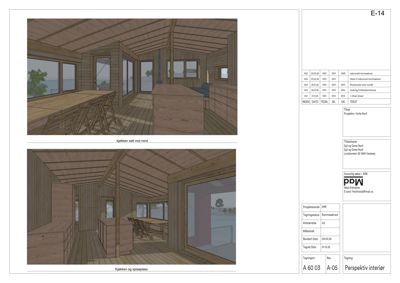 Perspektivtegning (rendering) av et interiør, spesifikt kjøkken og spiseplass med møbler.