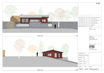 Fasadetegning som viser bygningens utseende sett fra nord og vest, inkludert materialvalg (trepanel, stein), vindusoppsett og trappetrinn.