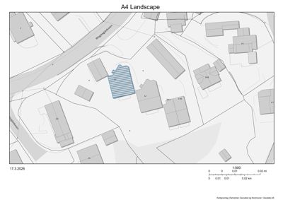 Kartutsnitt (A4 Landscape) som viser en oversikt over et område med flere bygninger, veier (Wegelsgårdsveien) og eiendomsgrenser. Det er en kartgrunnlag fra Kartverket.