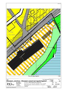 Situasjonsplan som viser bygningens plassering i forhold til reguleringssoner, veier og naboeiendommer.