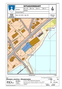Situasjonskart som viser eiendomsforhold, bygninger, veier og arealbruk for et prosjekt.