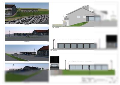 En samling av 3D-visualiseringer (renderinger) som viser fasadeutforming for en nybyggende carport. Bildene inkluderer perspektivvisninger fra ulike vinkler (vest, nord, øst) og to-veis oppriss (fasade) for å illustrere utseendet på bygningen.