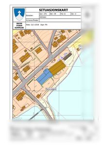 Situasjonskart som viser eiendomsforhold, bygninger, veier og arealbruk for et prosjekt.