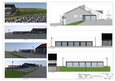 En samling av 3D-visualiseringer (renderinger) som viser fasadeutforming for en nybyggende carport. Bildene inkluderer perspektivvisninger fra ulike vinkler (vest, nord, øst) og to-veis oppriss (fasade) for å illustrere utseendet på bygningen.