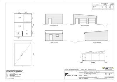 Tegning som viser fasadeoppsett for en garasje sett fra fire sider (nord, øst, vest, sør) samt et snitt (A-A).