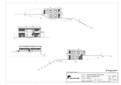 Fasadetegning som viser bygningens utseende fra fire ulike vinkler (for, bak, venstre og høyre side) med terrengforhold.