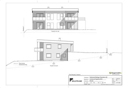 Fasadetegning som viser bygningens utseende fra to sider (mot sør og mot øst) med høydemål og terrengforhold.