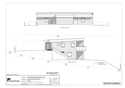 Fasadetegning som viser bygningens utseende sett fra nord og vest, inkludert høydeoppriss og terrengforhold.