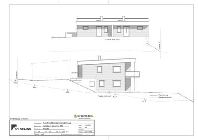 Fasadetegning som viser bygningens utseende fra nord og vest, inkludert terrengforhold og grenser.