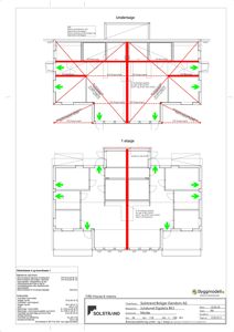 Plantegning som viser romfordeling og konstruksjon for 'Underetasje' og '1 etasje' av 'Fifth House 4-manns'.