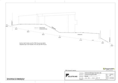 Snittegning som viser høydeprofilen (høydemeter) og terrengformet langs en linje vest for Fifth House. Tegningen illustrerer også planlagt terrengforring og eksisterende terreng.