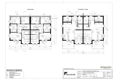 Plantegning som viser romfordeling og dimensjoner for to etasjer av en bolig.
