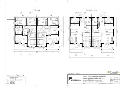 Plantegning som viser romfordeling og dimensjoner for 'Underetasje' og 'Hovedplan 1 etasje' av et flerboligbygg.