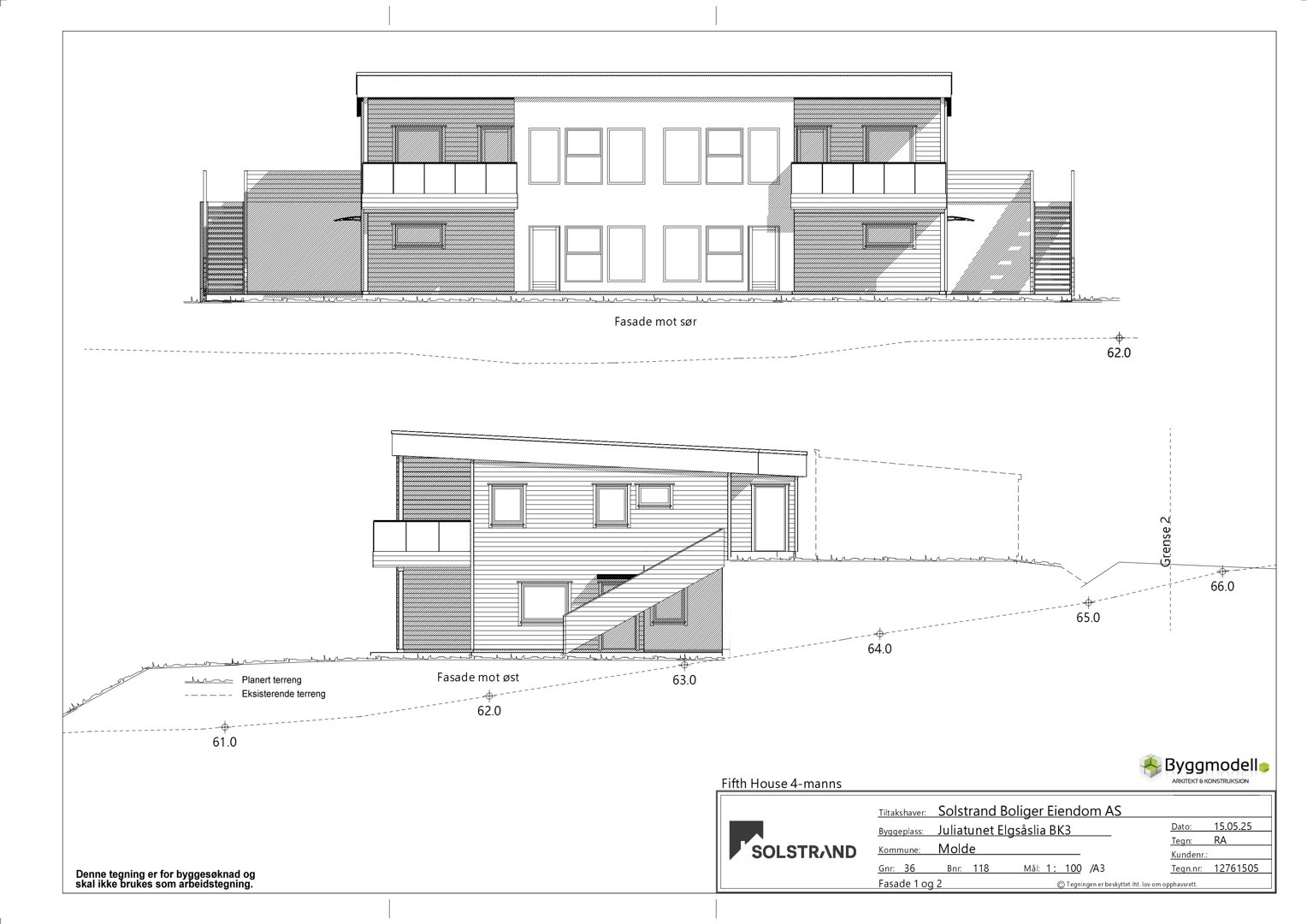 Tegning som viser fasadeopprikk (oppsett) av en bygning sett fra to sider (mot sør og mot øst).
