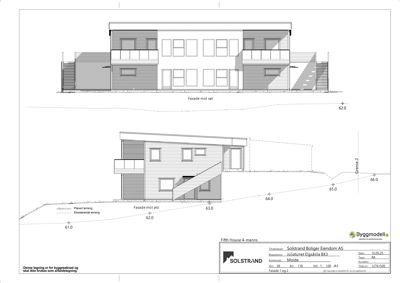 Tegning som viser fasadeopprikk (oppsett) av en bygning sett fra to sider (mot sør og mot øst).