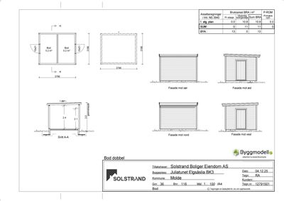 En tegning som viser etasjeplan (1. etg. plan) for en dobbel bod, samt fasadeoppsett og snitt (Snitt A-A).