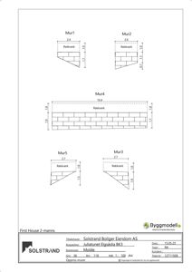 Tegning som viser detaljerte oppriss for ulike murer (Mur1, Mur2, Mur3, Mur4, Mur5) med angitte mål og materialer (Rekkverk).