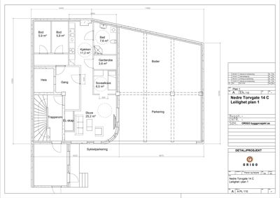 Etasjeplan for leilighet 14 C i Nedre Torvgate 14, som viser romfordeling, arealer og plassering av boder og parkering.