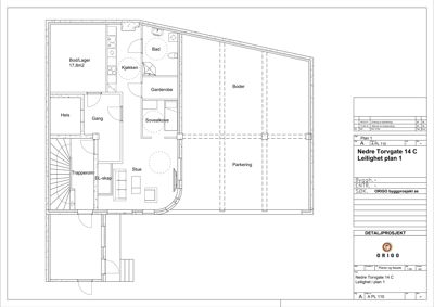 Etasjeplan (leilighetsplan) som viser romfordeling, vegger og dører for en leilighet i Nedre Torvgate 14 C.