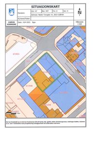 Situasjonskart som viser eiendomsgranser, naboeiendommer og bygningsplasseringer i Gjøvik kommune.