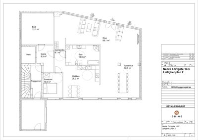 Etasjeplan (leilighetsplan) som viser romfordeling, arealer og møblering for leilighet i plan 2.