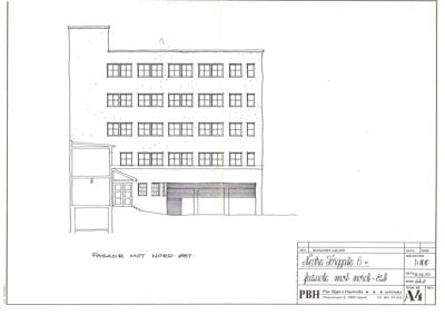 En tegning som viser fasaden mot nord-øst for et bygg på Nedre Torvgate 6.